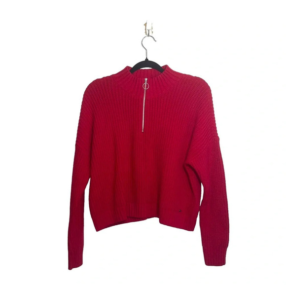 Hollister Red Collared Quarter Zip Tight Knit Cropped Sweater Medium Women’s - Picture 1 of 10